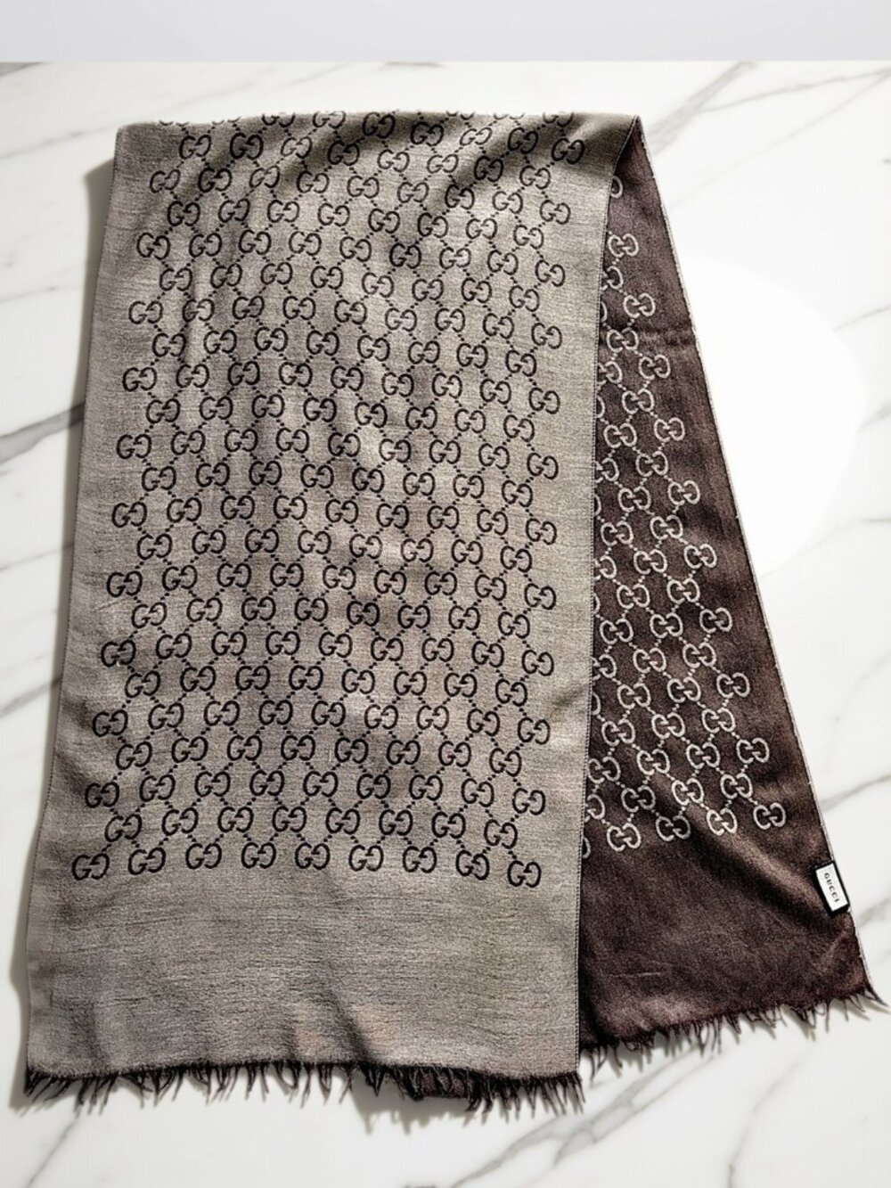 Gucci GG Jacquard Scarf Brown Taupe Reversible Monogram Wool Silk Fringe